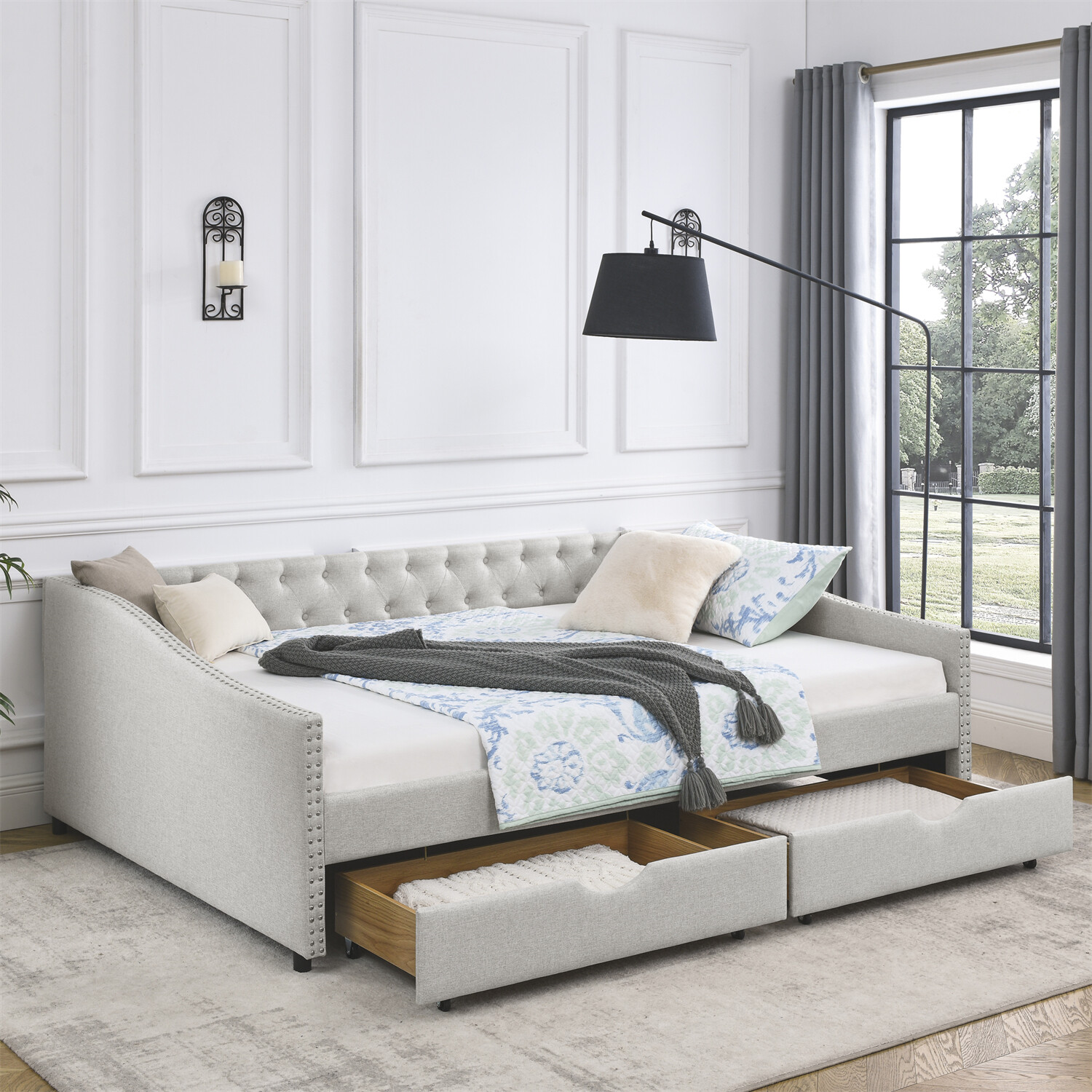 Queen Size Daybed with 2 Storage Drawers Upholstered Bed Frame Sofa Bed US