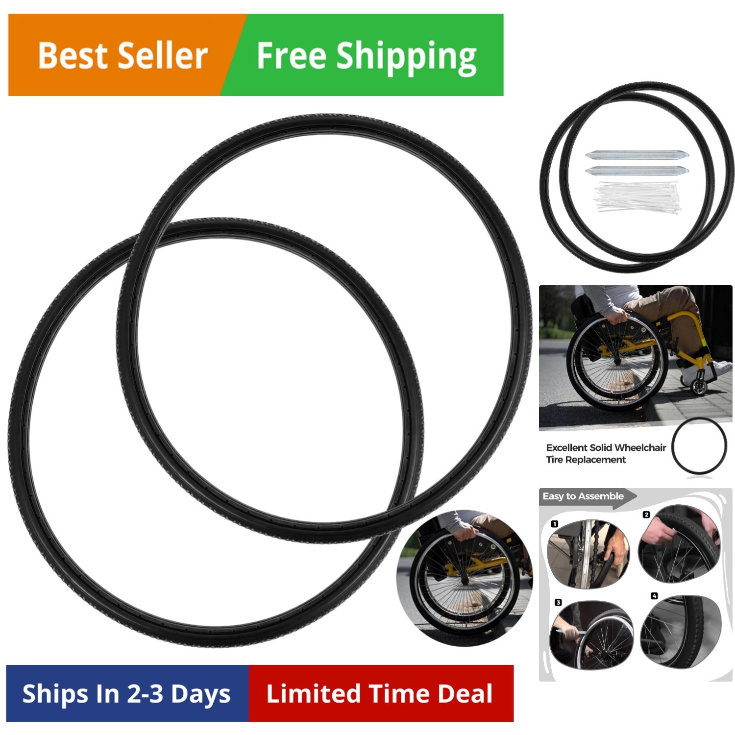 2 PCS Wheelchair Rear Wheel Solid Tires, 24 x 1-3/8" PU Non-Pneumatic Tires, ...