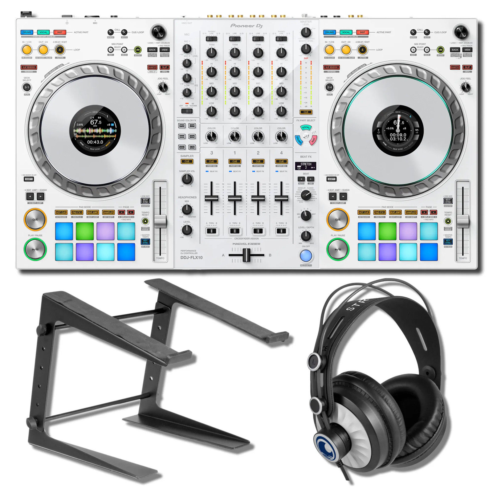 Pioneer DDJ-FLX10 4-Deck DJ Controller (White) with StreamEye Cans50 Professiona