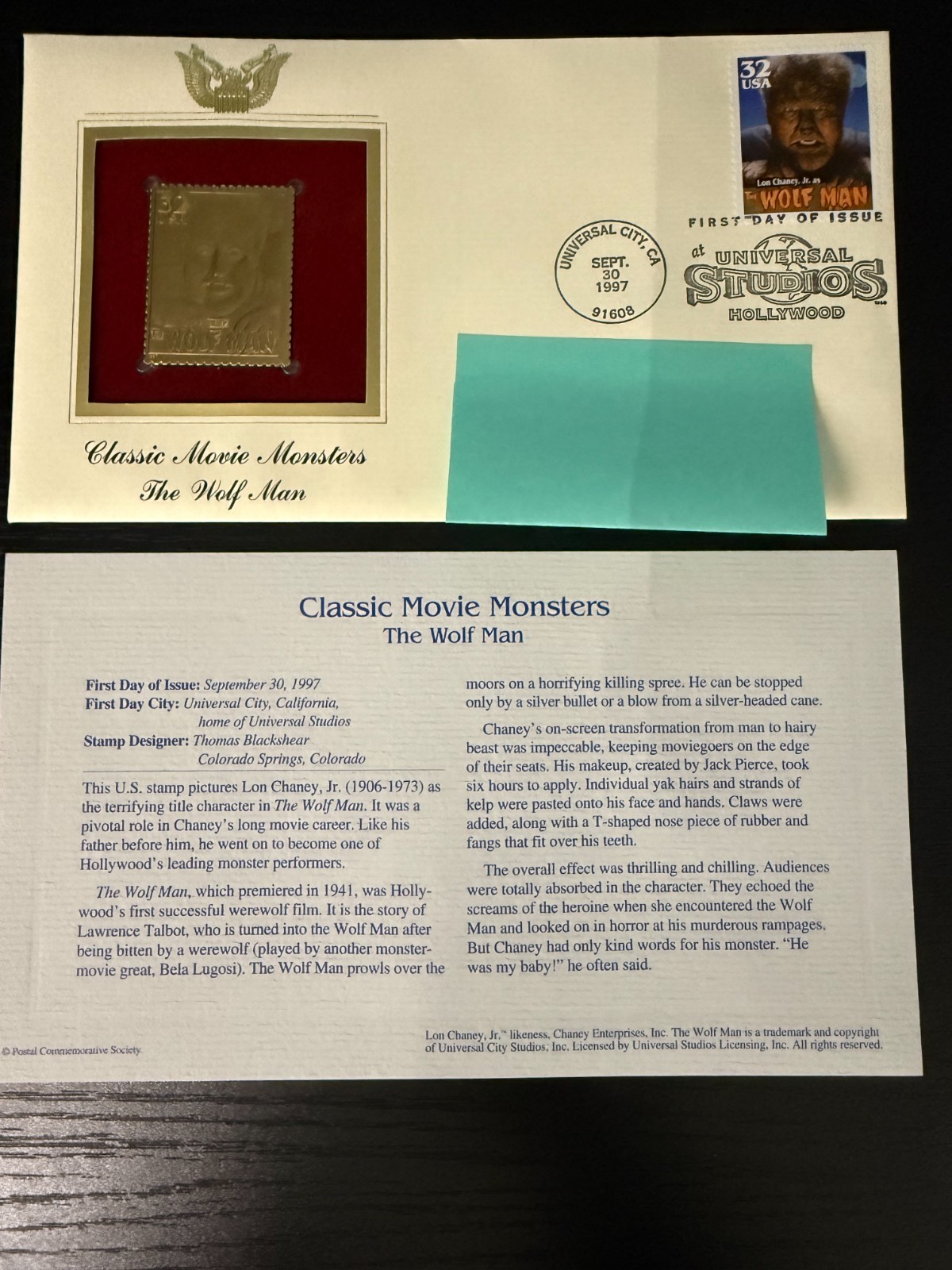Classic Movie Monsters - Wolf Man 22k Gold & First Day of Issue US Postage Stamp