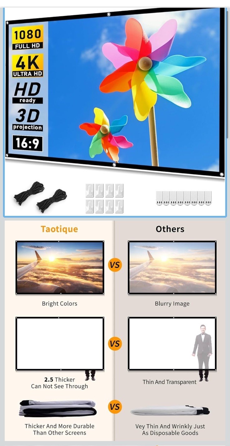 Taotique Projector Screen 72 Inch Movie Projector Screen 16:9 HD Foldable 4K