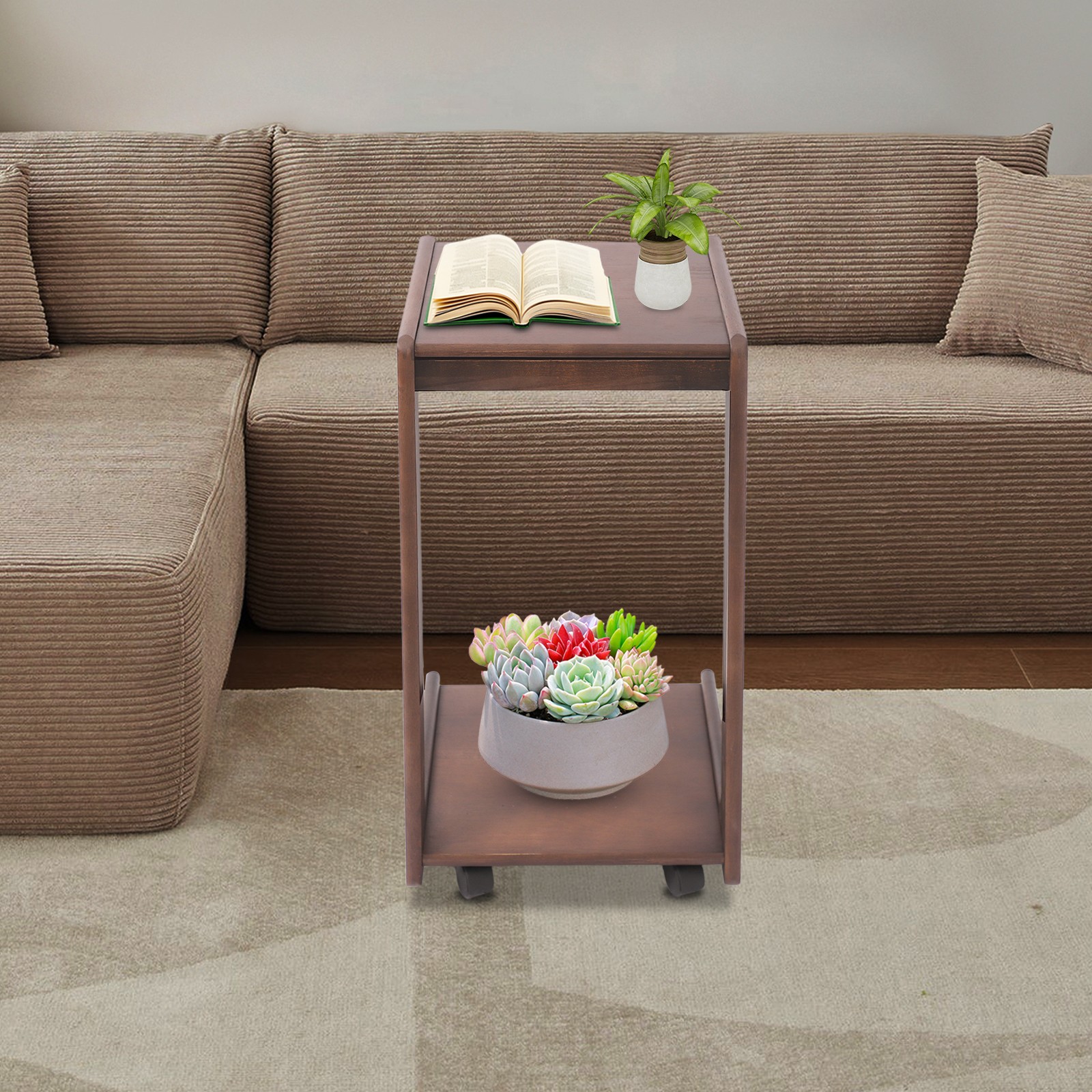 2-tierd Solid Wood Bedside C-shaped Side Table W/ Drawer & Lockable Wheels