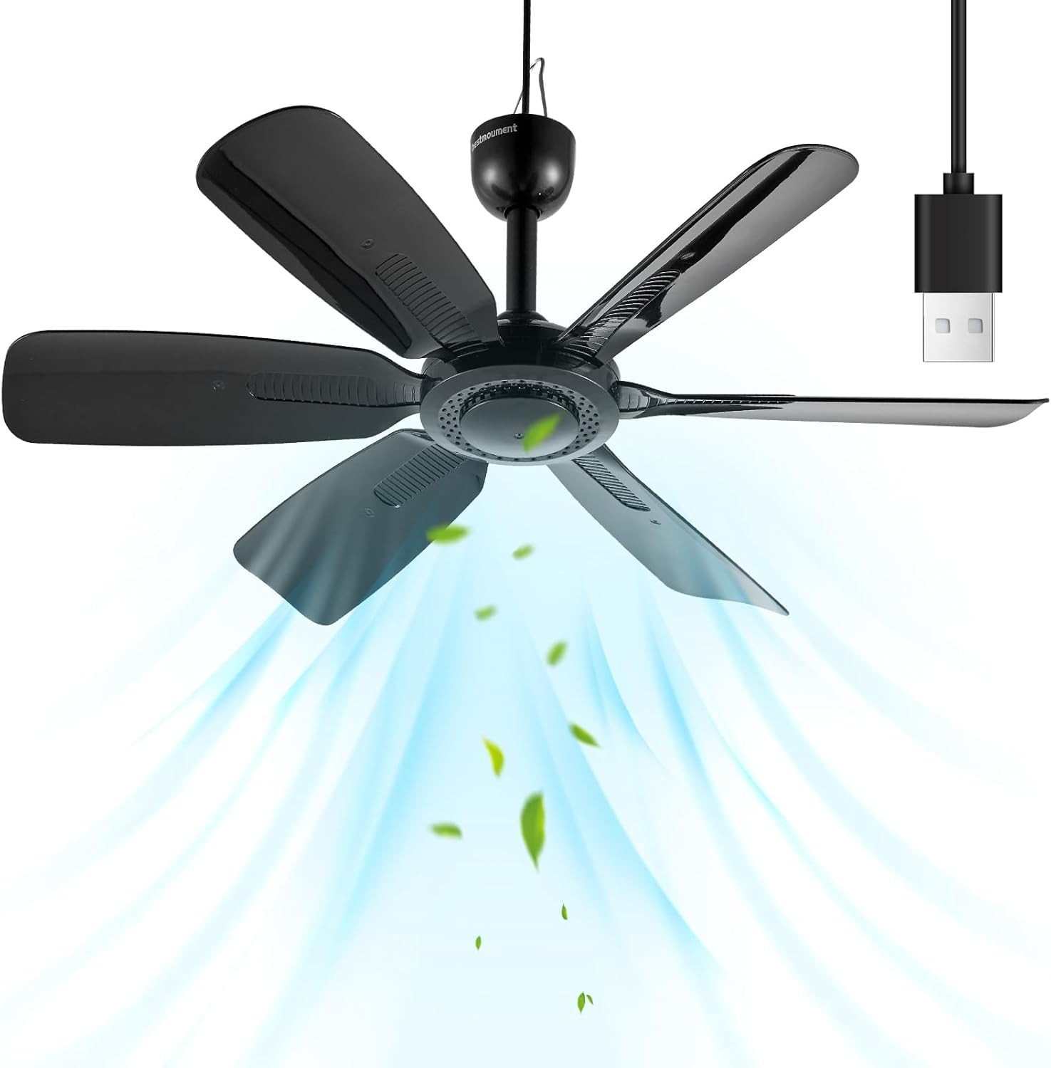 17.7" Inch Small Portable Ceiling Fan, USB Plug In, 5V DC Powered, 6 Blades, Ind