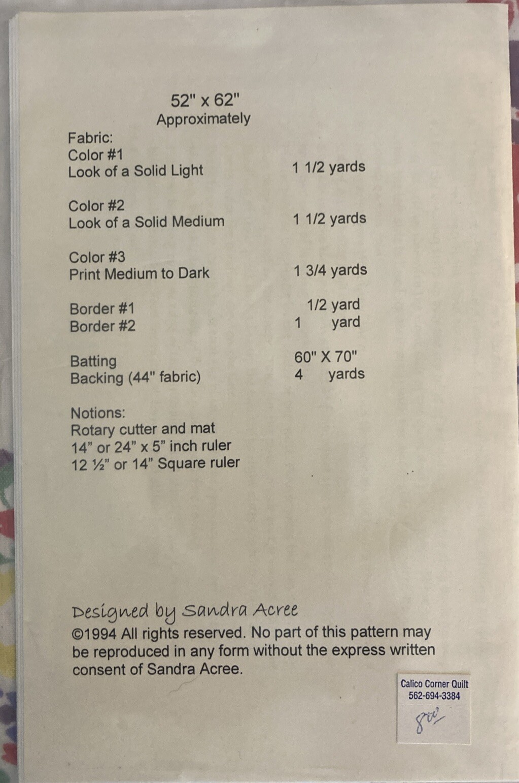 Quilt Pattern 52”x62” by Sandra Acree Vintage Uncut