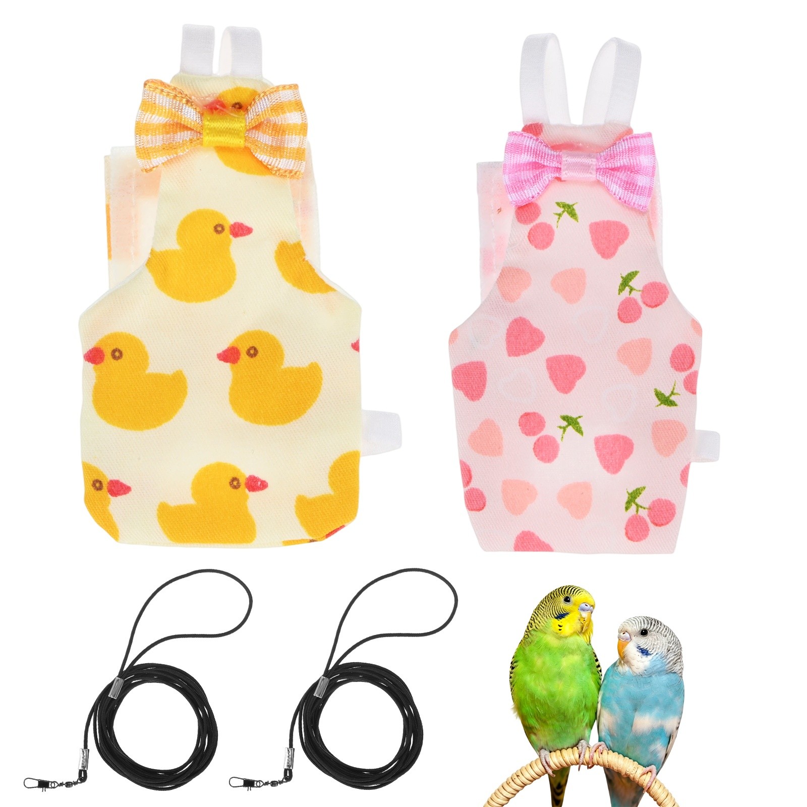 1-Set Bird Diapers with 6.6 ft Leash Reusable Pet Parrot Nappy [Pink/Yellow, S]