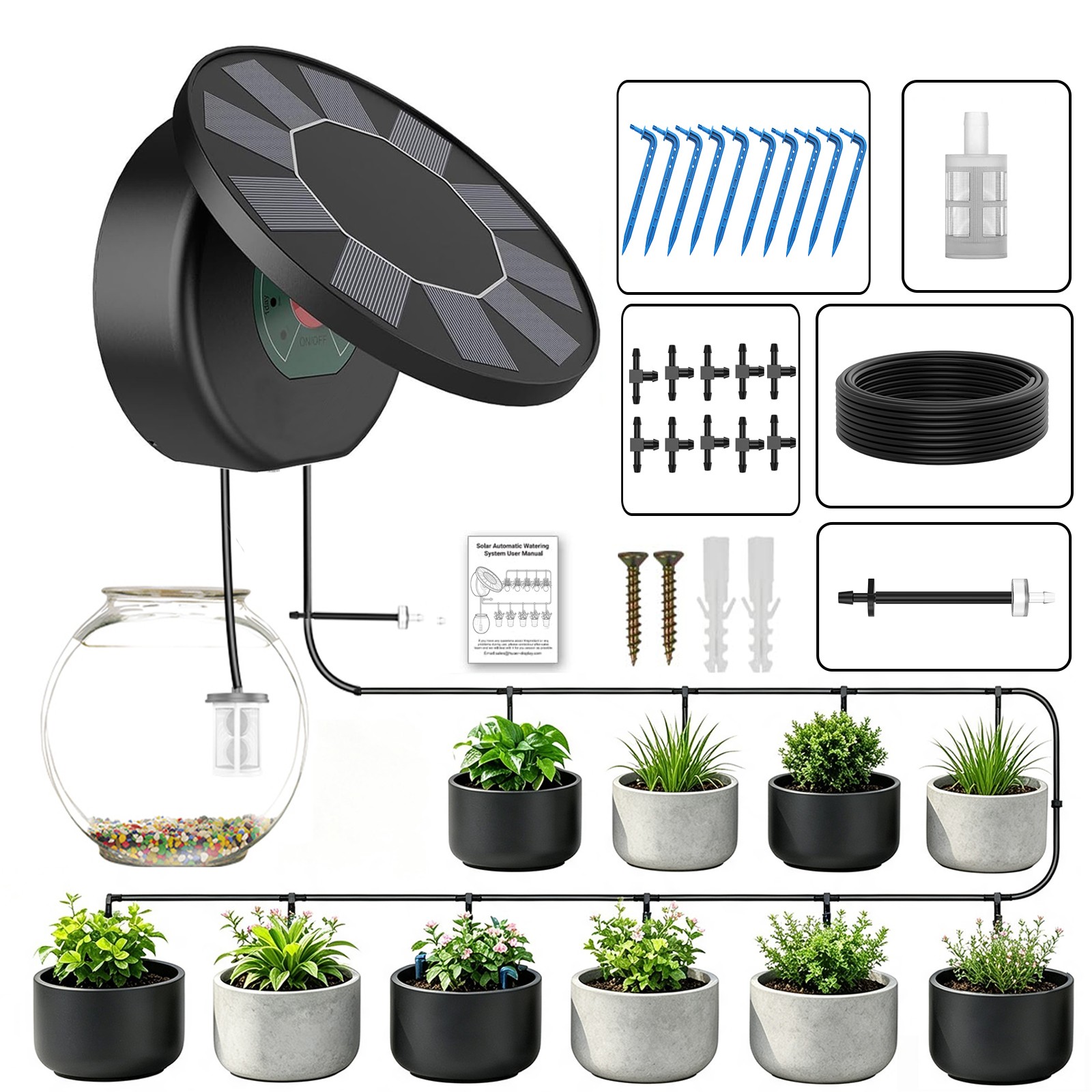 Solar Drip Irrigation Kit Automatic Watering System 9 Timing Settings，31.2ft