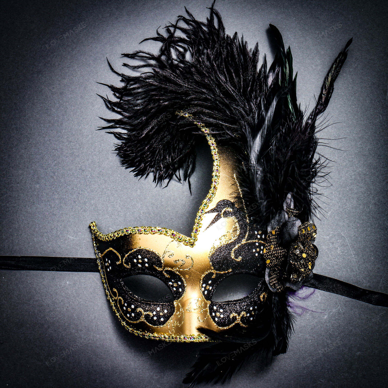 Venetian Half Moon Masquerade Ball Dance Party Women Feather Mask - Gold Black
