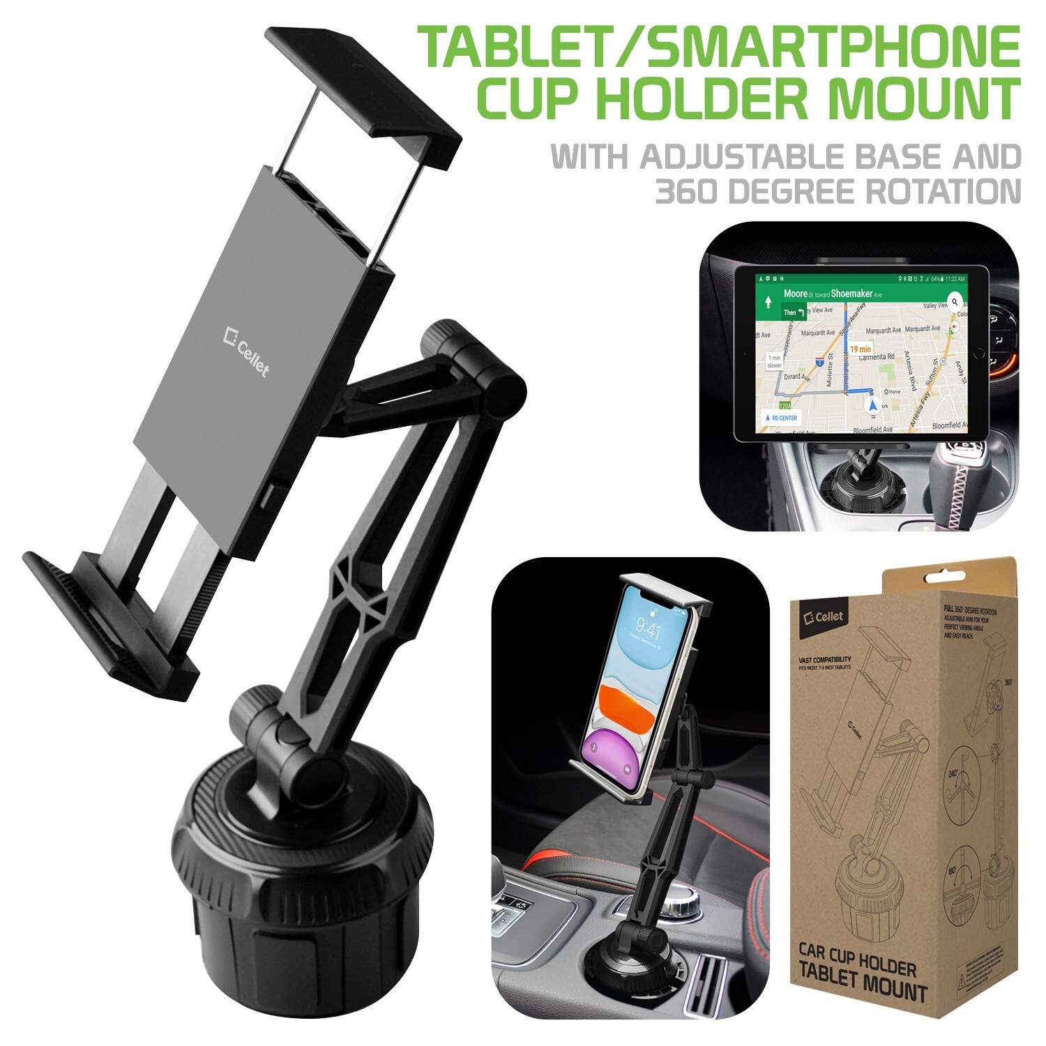 Car Cup Holder Phone Mount Compatible with iPhones, iPad, mini, Tablet, Android