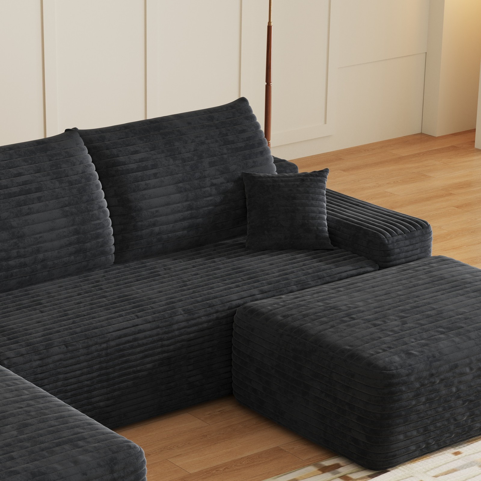 107"Boneless Couch Cloud Sectional Corduroy Sofa Left Facing Chaise with Ottoman