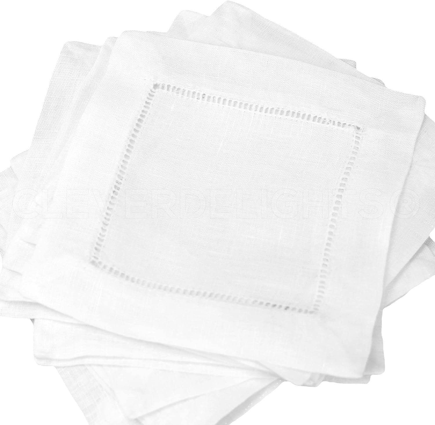 CleverDelights 6" White Linen Hemstitch Cocktail Napkins - 12 6 Inch,