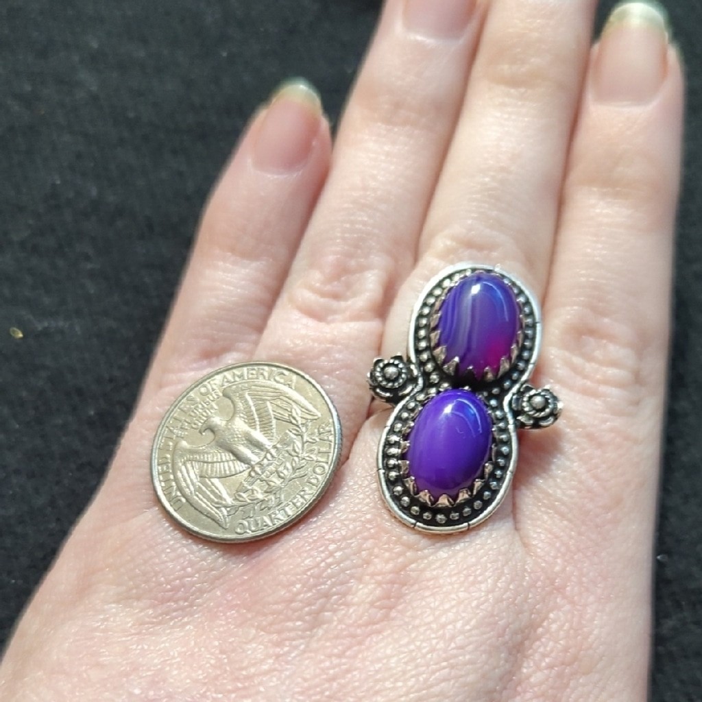 Silver Plated Purple Banded Agate Gemstone Two Stone Statement Ring - size 7-9