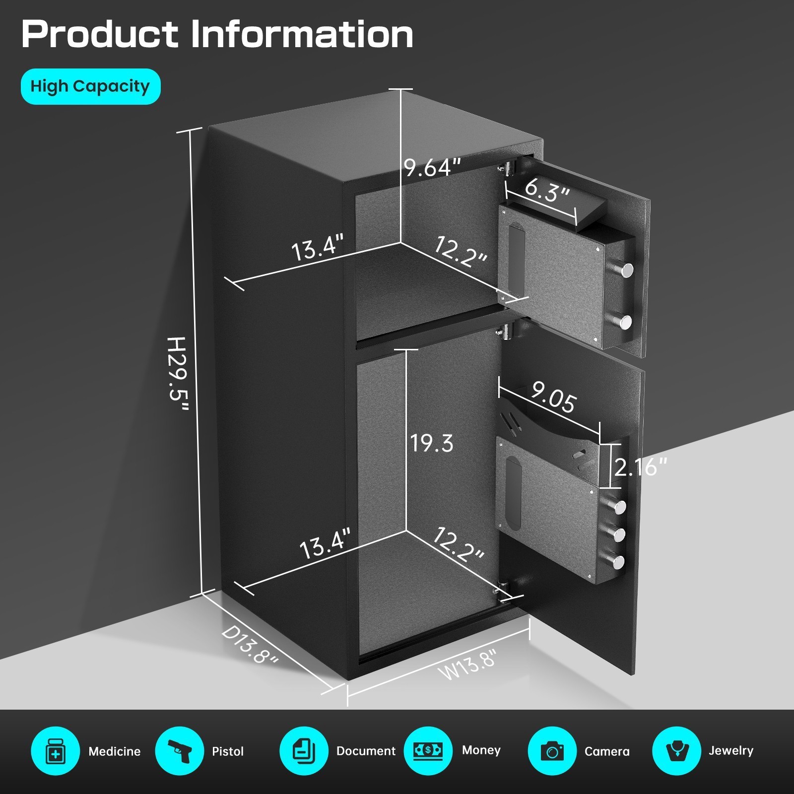 6.5 Cub Large Digital Safe Box, Home Safe with Deposit Slot or Dual Alarm System