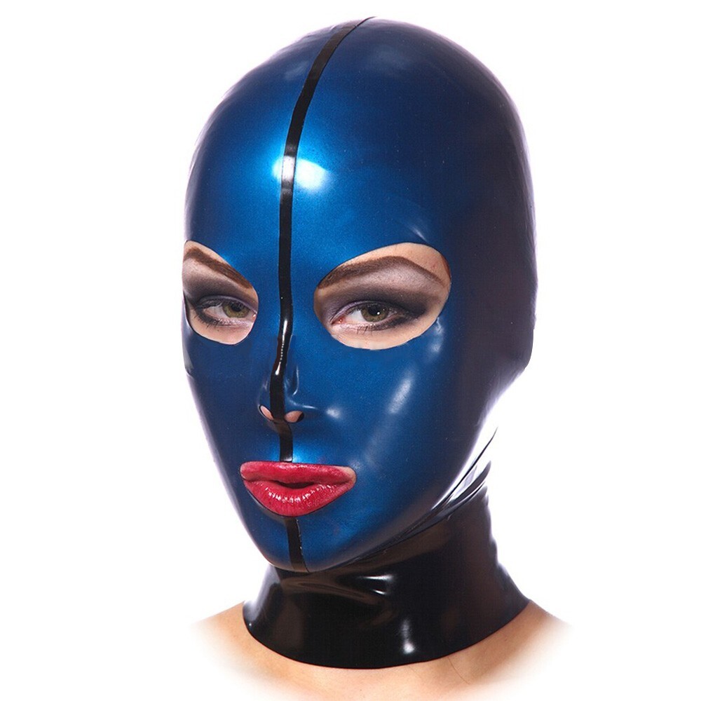 Blue Latex Hood with Back Zipper Gummi Rubber Mask Catsuit Fetish Clubwear BDSM