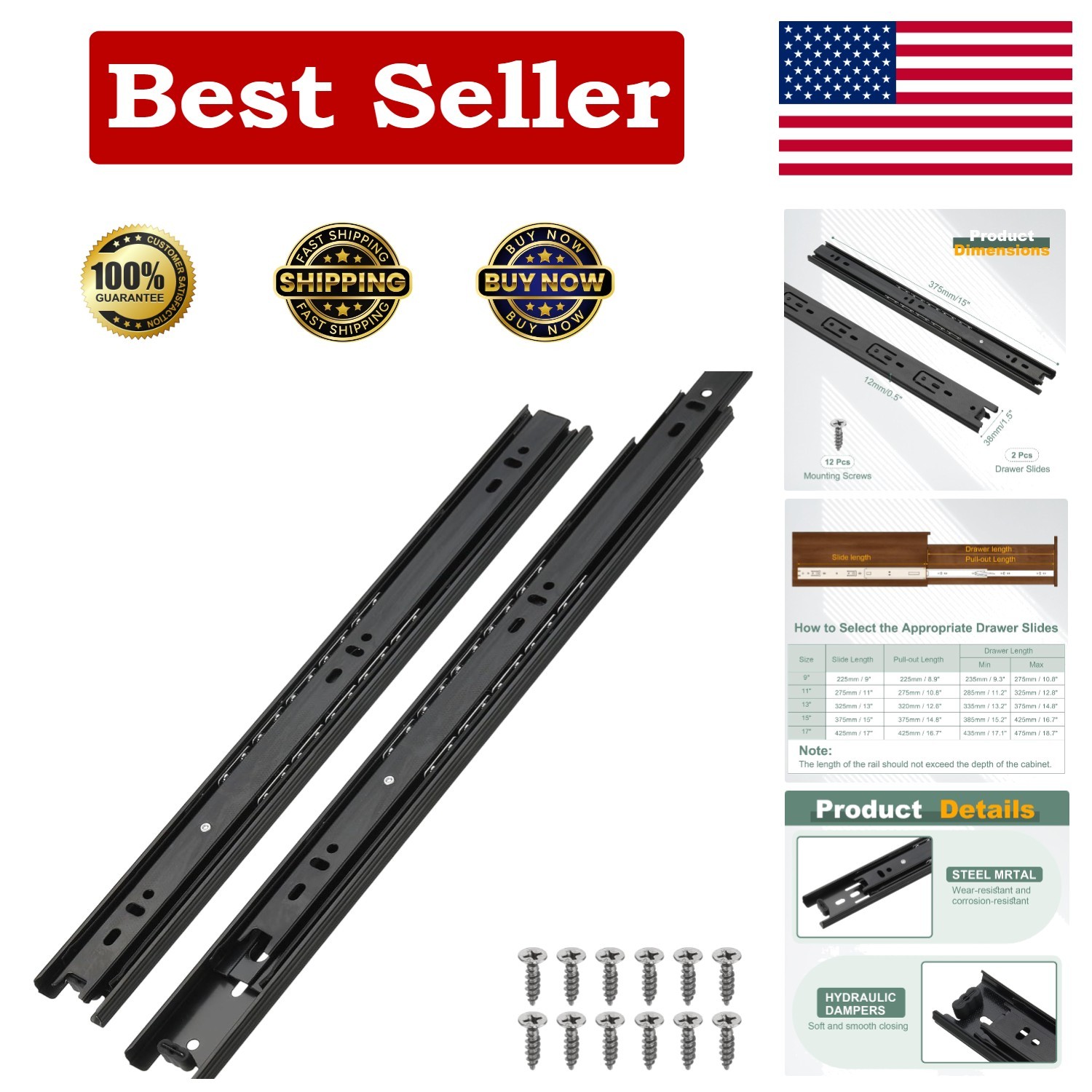 15 x 1.5 Inch Drawer Slides, 2Pcs Steel Full Extension Ball Bearing Side Moun...