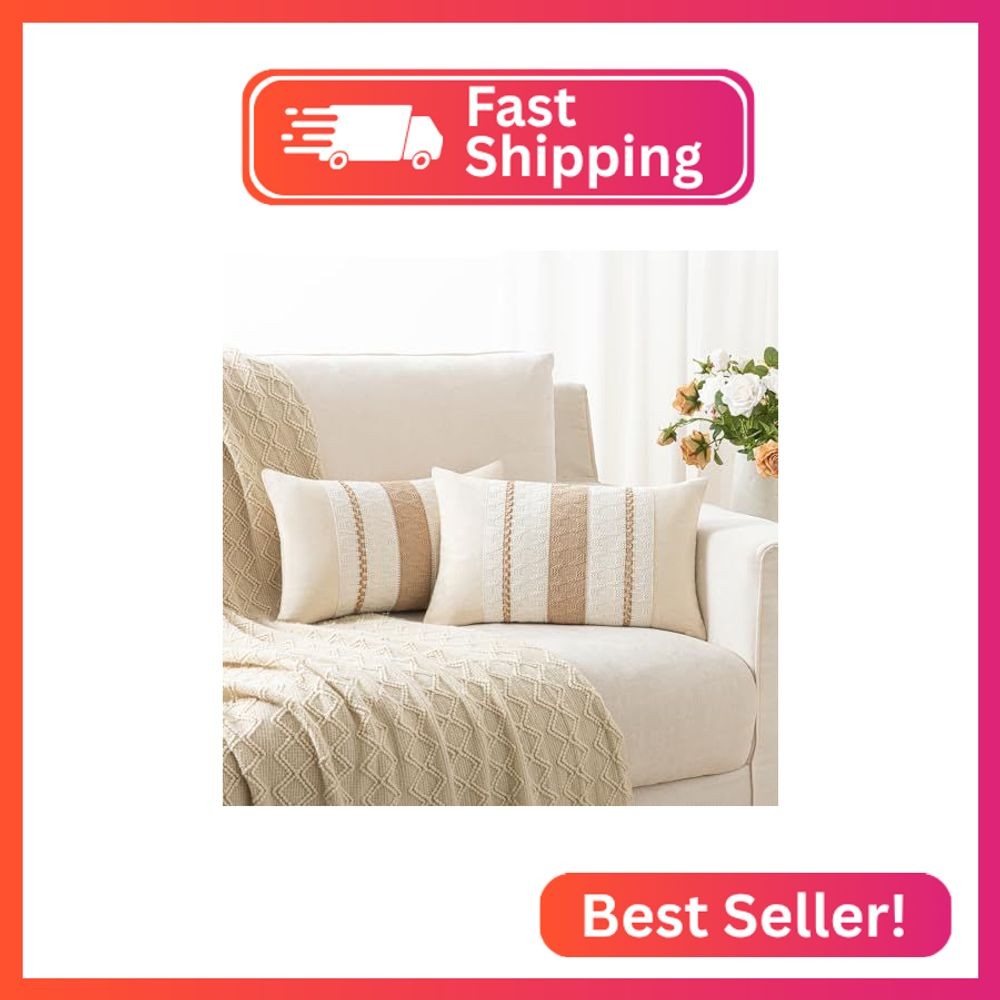 Alsoo Tan Lumbar Throw Pillow Covers 12x20 Inch Set of 2, Neutral Boho Farmhouse
