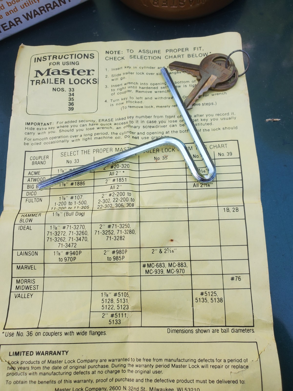 Master No. 33 Trailer Lock. NIB. 1 7/8" Coupler