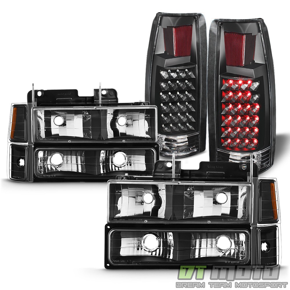 For 1994-1999 Chevy C/K Suburban Tahoe Black Headlight 8pc Set+LED Tail Lamp L+R