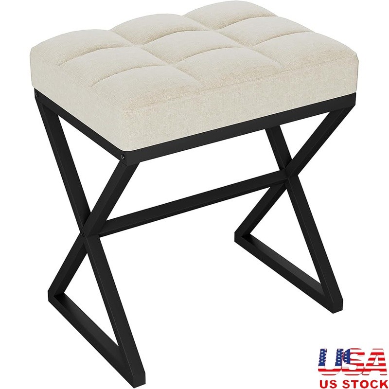 Linen Vanity Stool W/ Metal X-Frame Cushion Footrest Adjustable Anti-Slip Feet