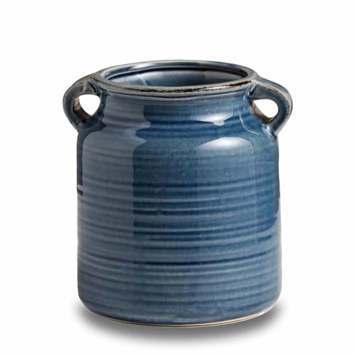 Ceramic Rustic Distressed Blue Flower Vase for Centerpieces, Kitchen, Office