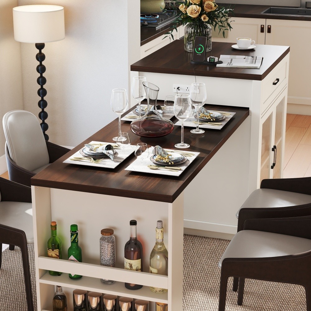 Extendable Kitchen Island Table with Power Outlet Storage Glass Doors Walnut