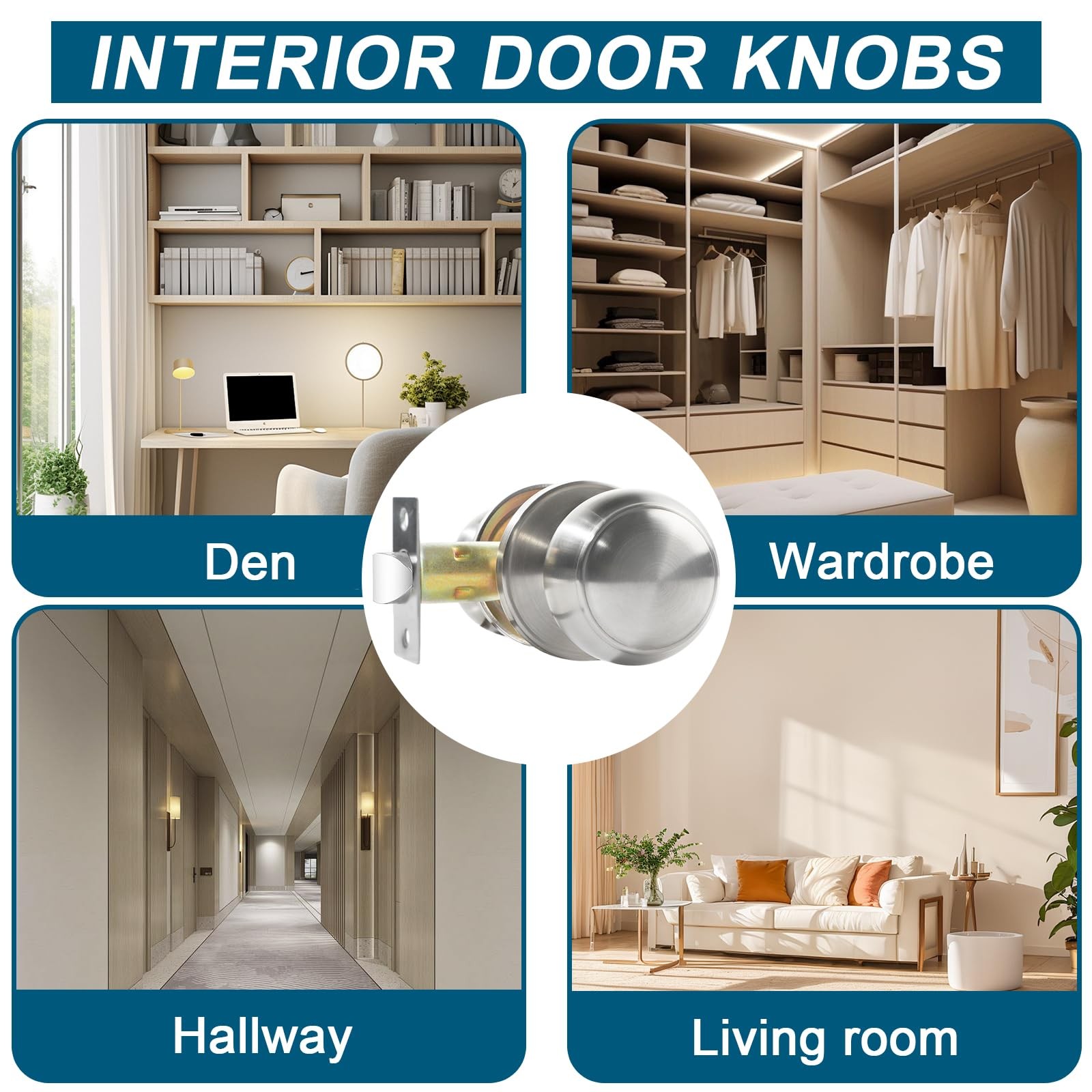 RAZCC Passage Door Knobs 5 Pack Satin Nickel Interior Round Door Handles Keyless
