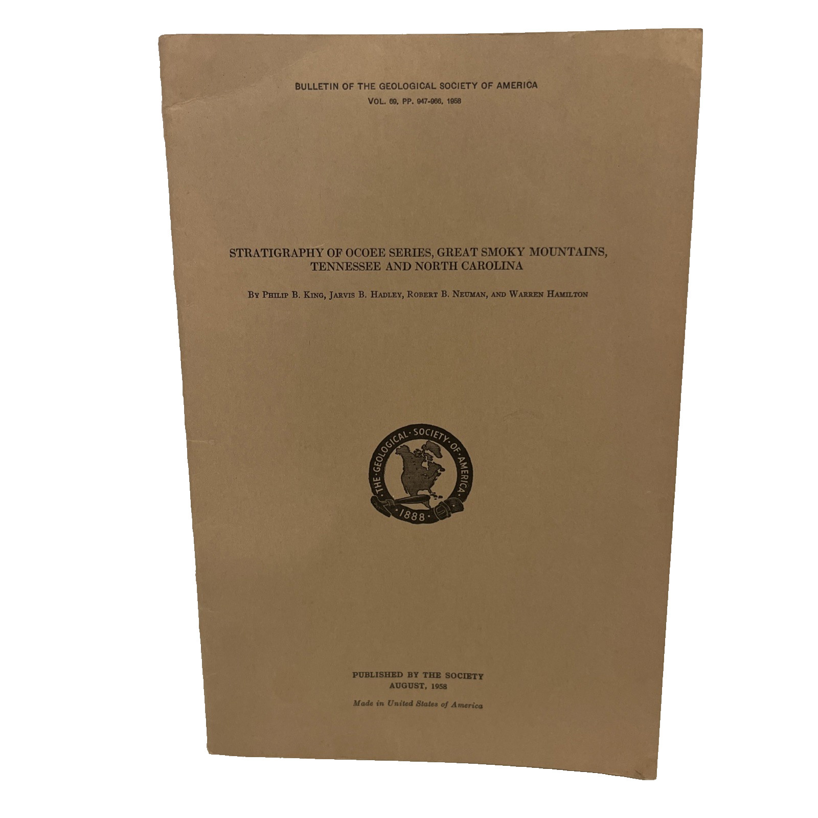 1958 Geological Society Stratigraphy Ocoee Great Smoky Mtns Tenn / No Carolina