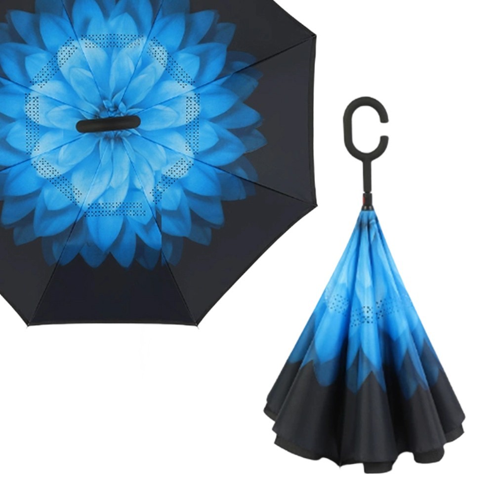 Reverse Umbrella with Blue Daisy Print – Windproof Double-Layer Inverted Folding