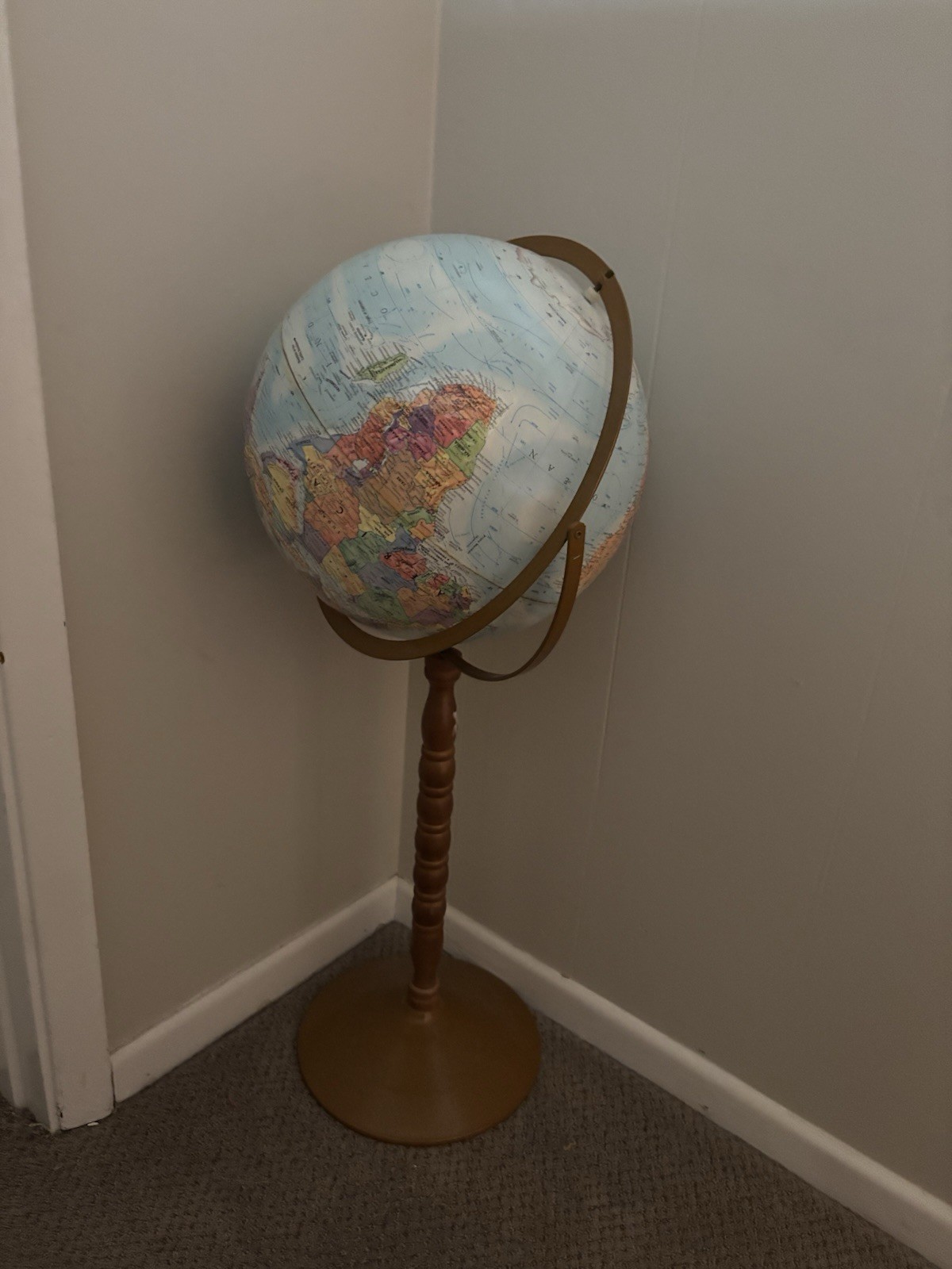 Classic Rotating Floor Globe Large Multicolor Wooden Base Antique Brass Finish