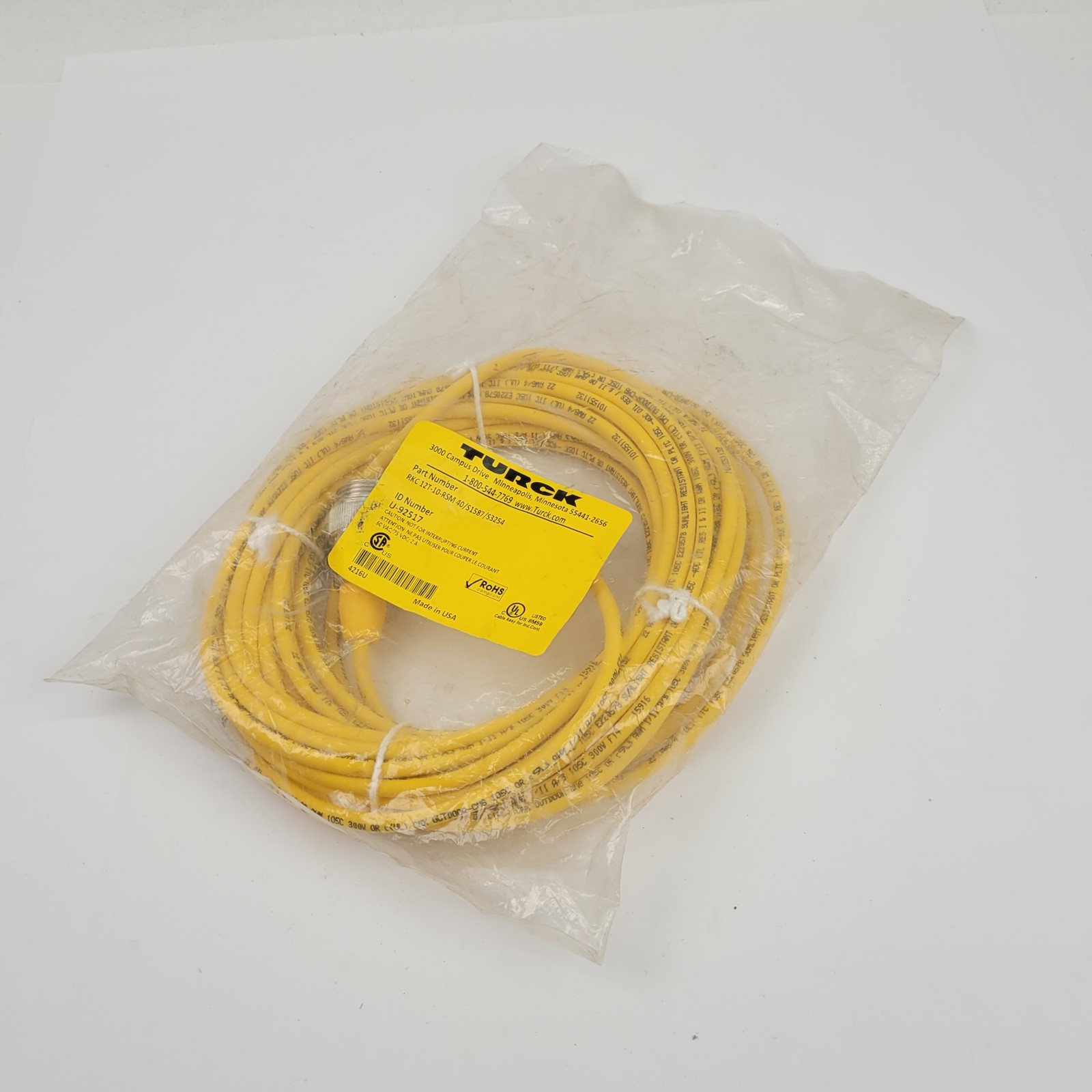Turck RKC 12T-10-RSM 40/S1587/S3254 Double-Ended Cordset, 60 VAC, 75 VDC, 2 Amps