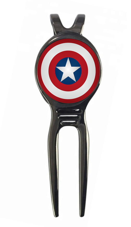 Captain America Marvel Golf Ball Marker + Black Gunmetal Divot Tool