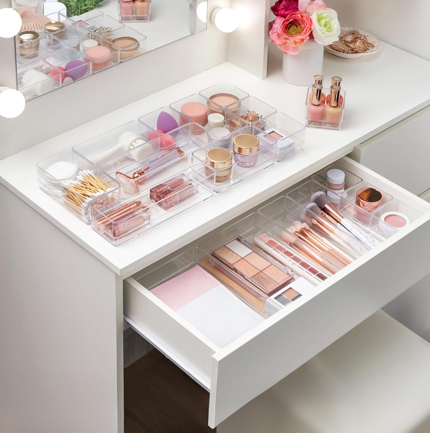 18 Piece Clear Drawer Organizer Set Stackable Plastic Storage Trays Kitchen Bath