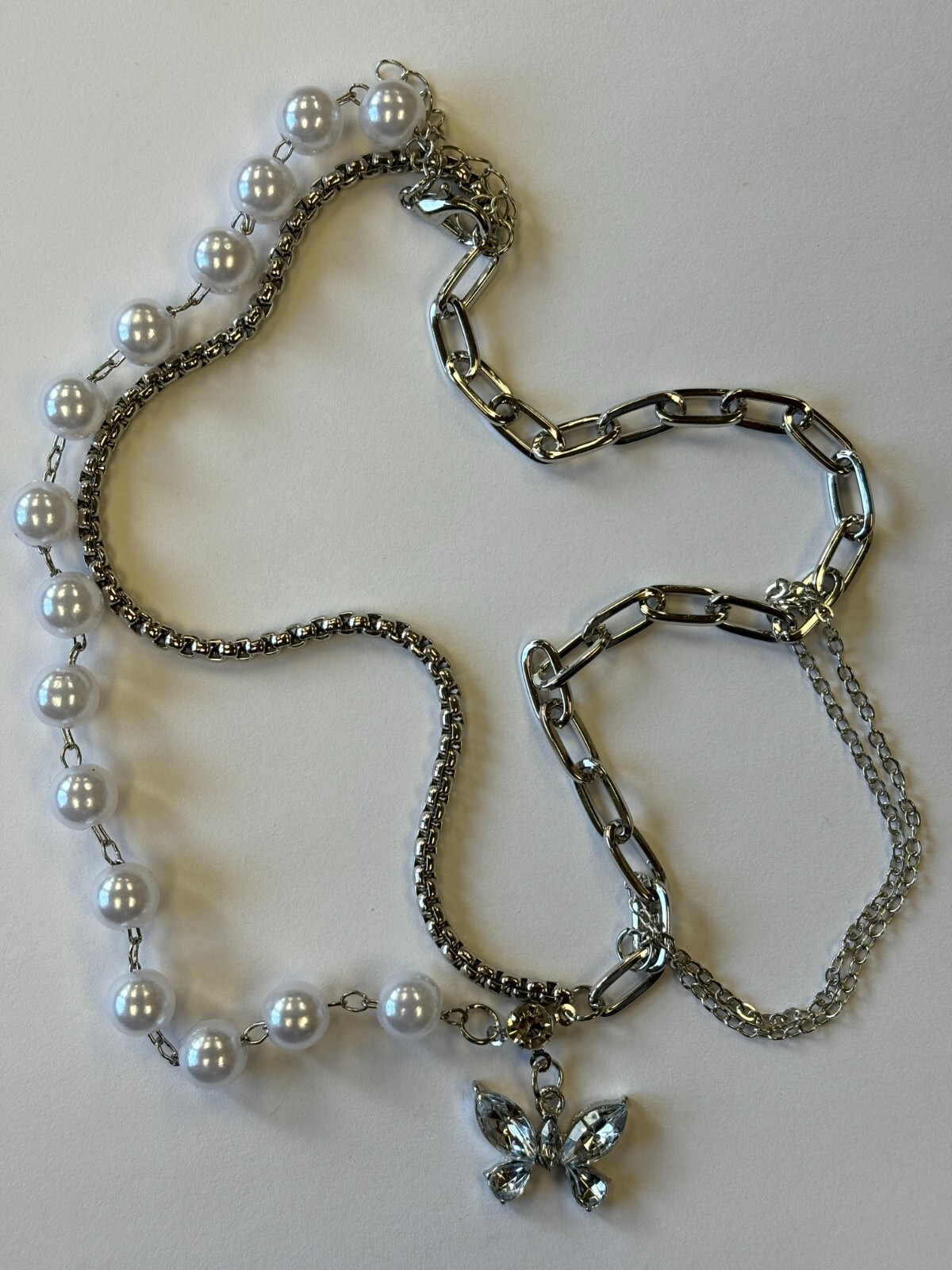 Dual Chain Pearl Enchanted Glass Butterfly
