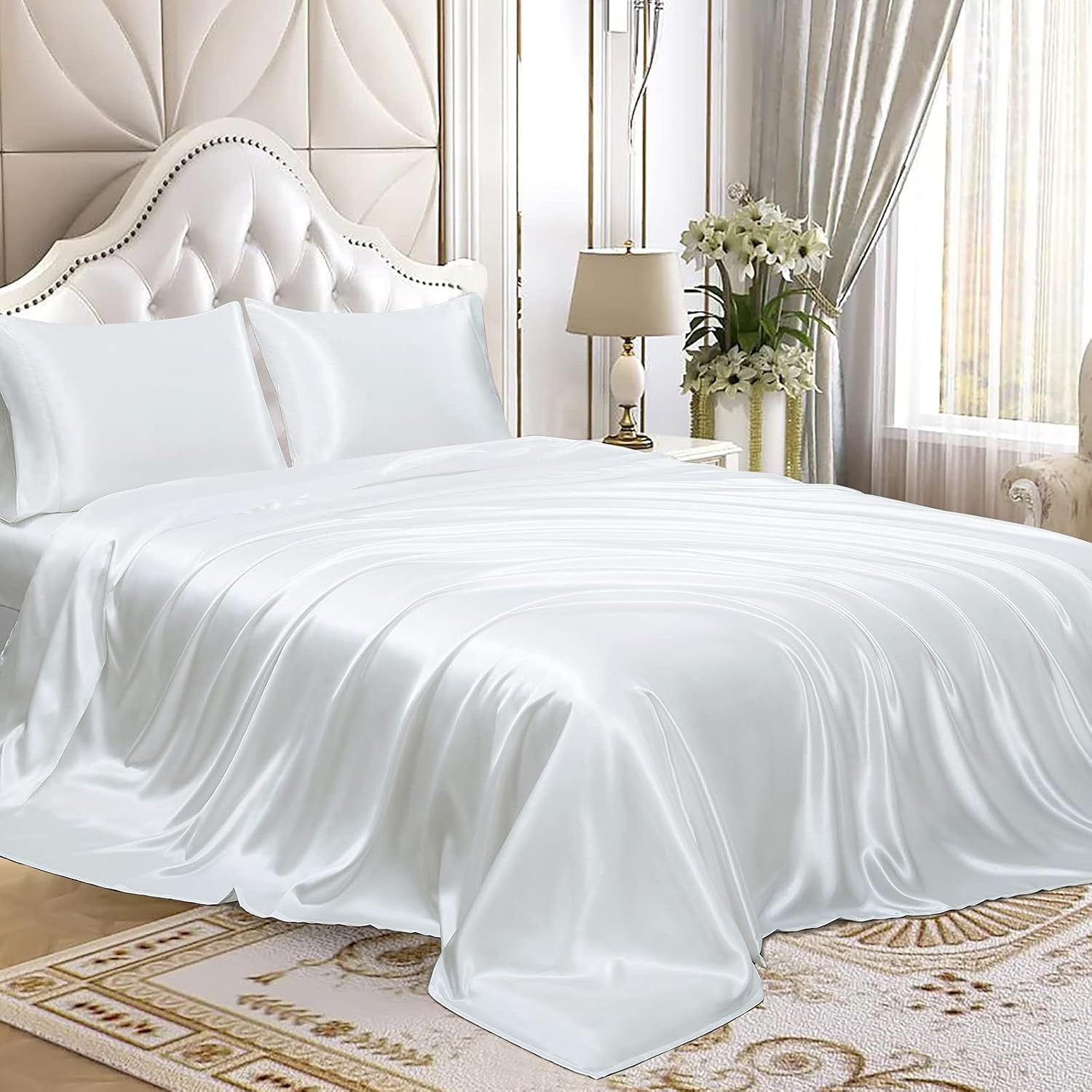 Pure Soft Silky Satin Sheets Full XL Size, White, 4 Pieces Sheet Set, 17"–21"