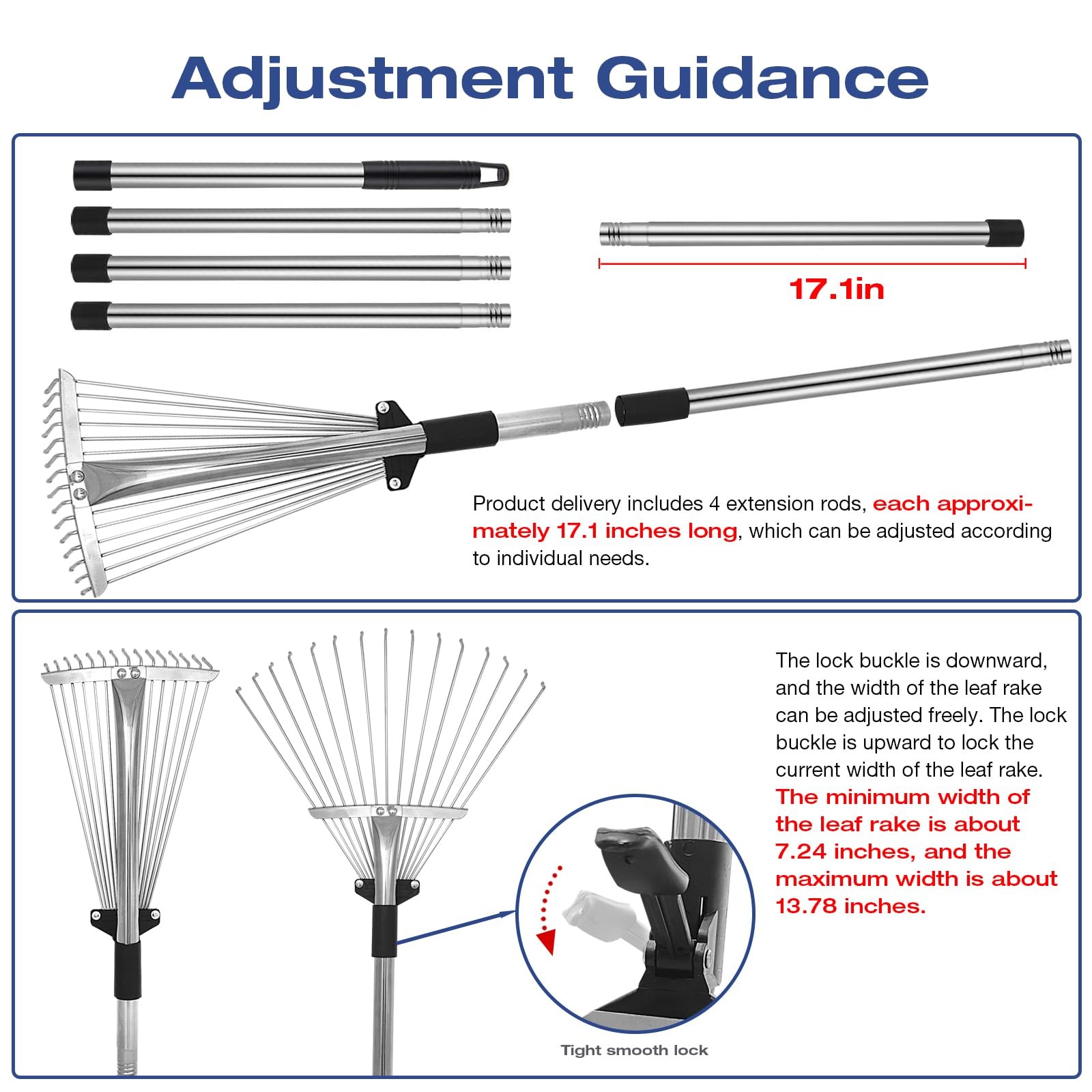 Adjustable MetalLeaf Rake with Telescopic Handle Heavy Duty Yard Tool