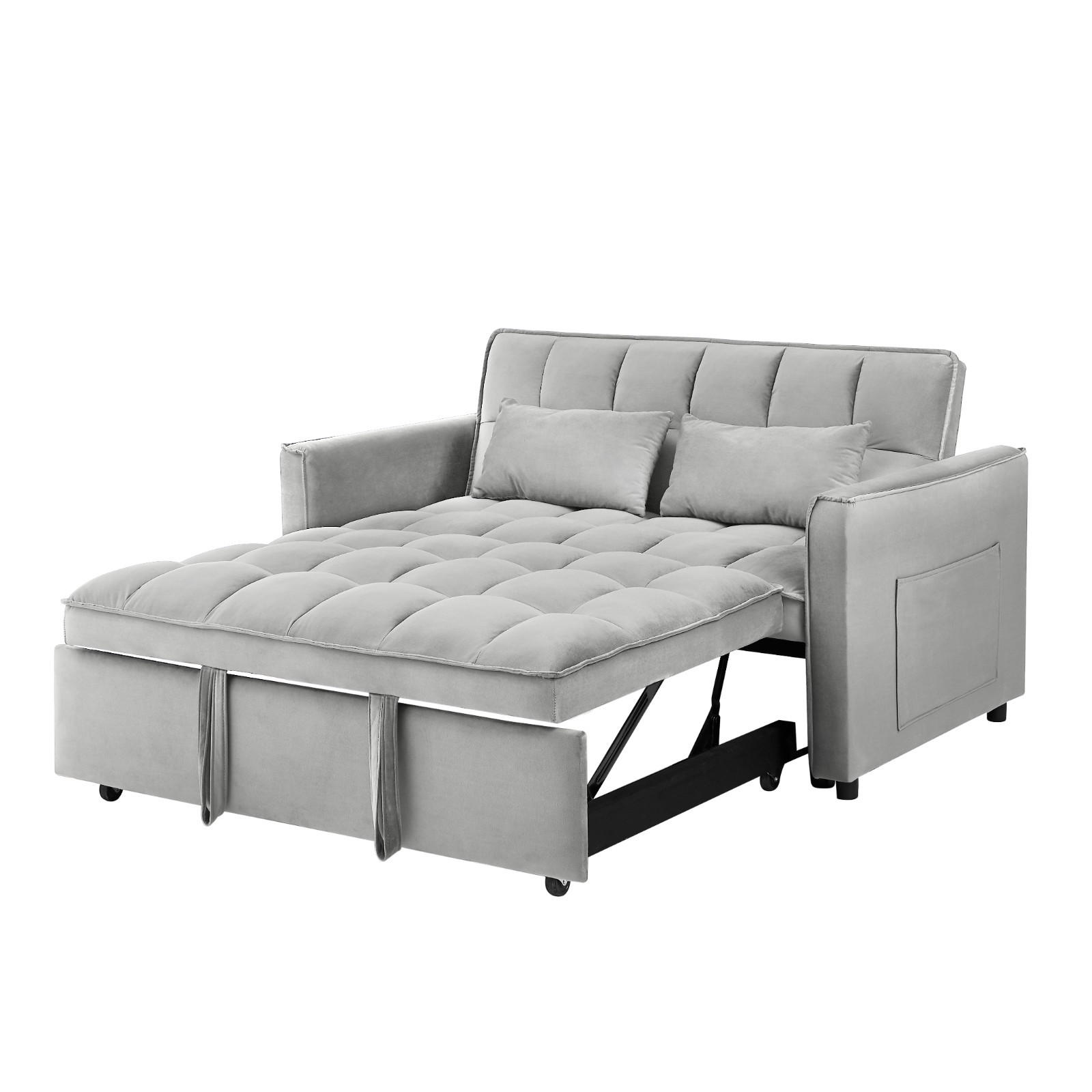 3 in 1 Convertible Sleeper Sofa Bed Velvet Loveseat Pull Out Sofa Bed Couch Gray