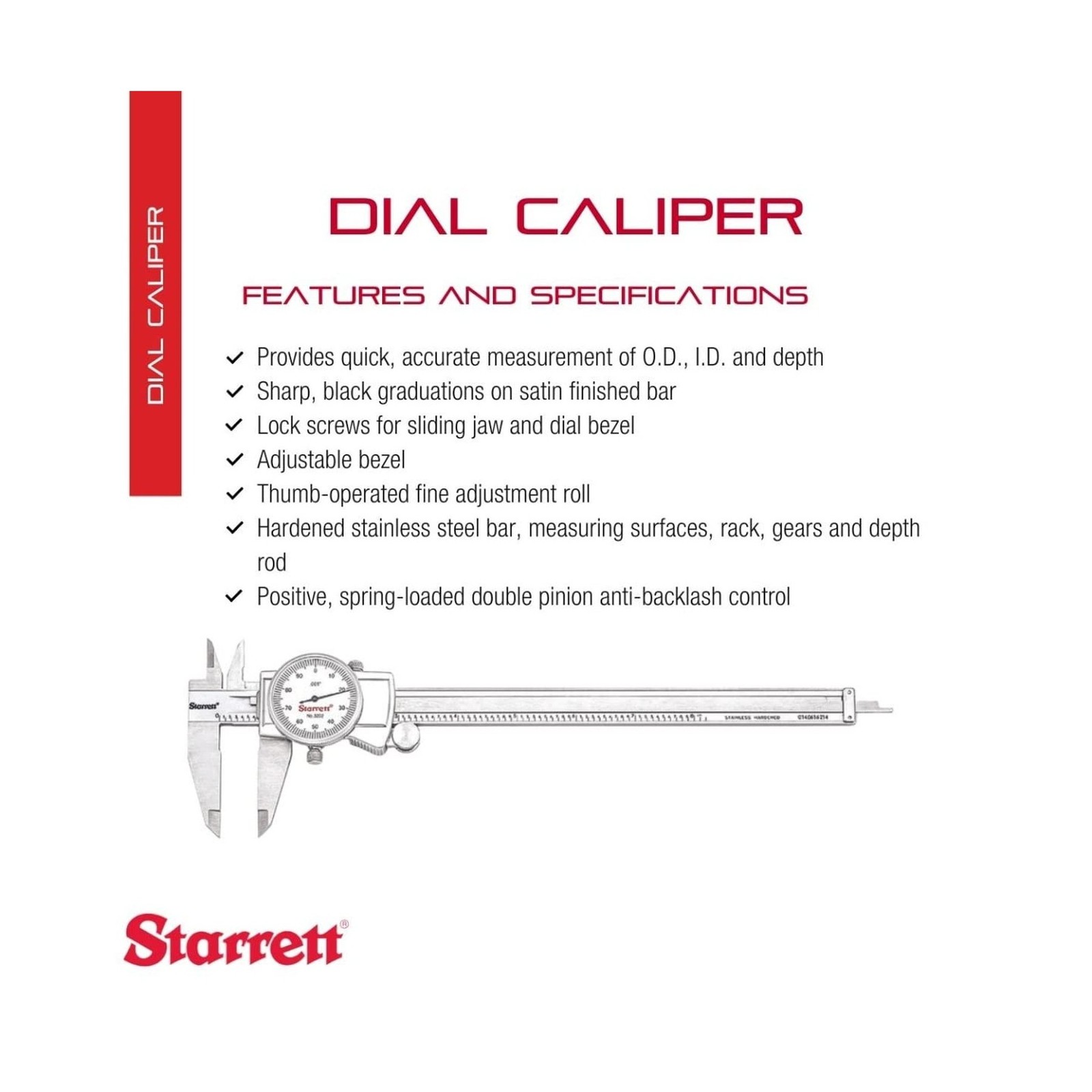 Starrett Dial Caliper with Adjustable Bezel and Fitted Case - White Face, 0-8...
