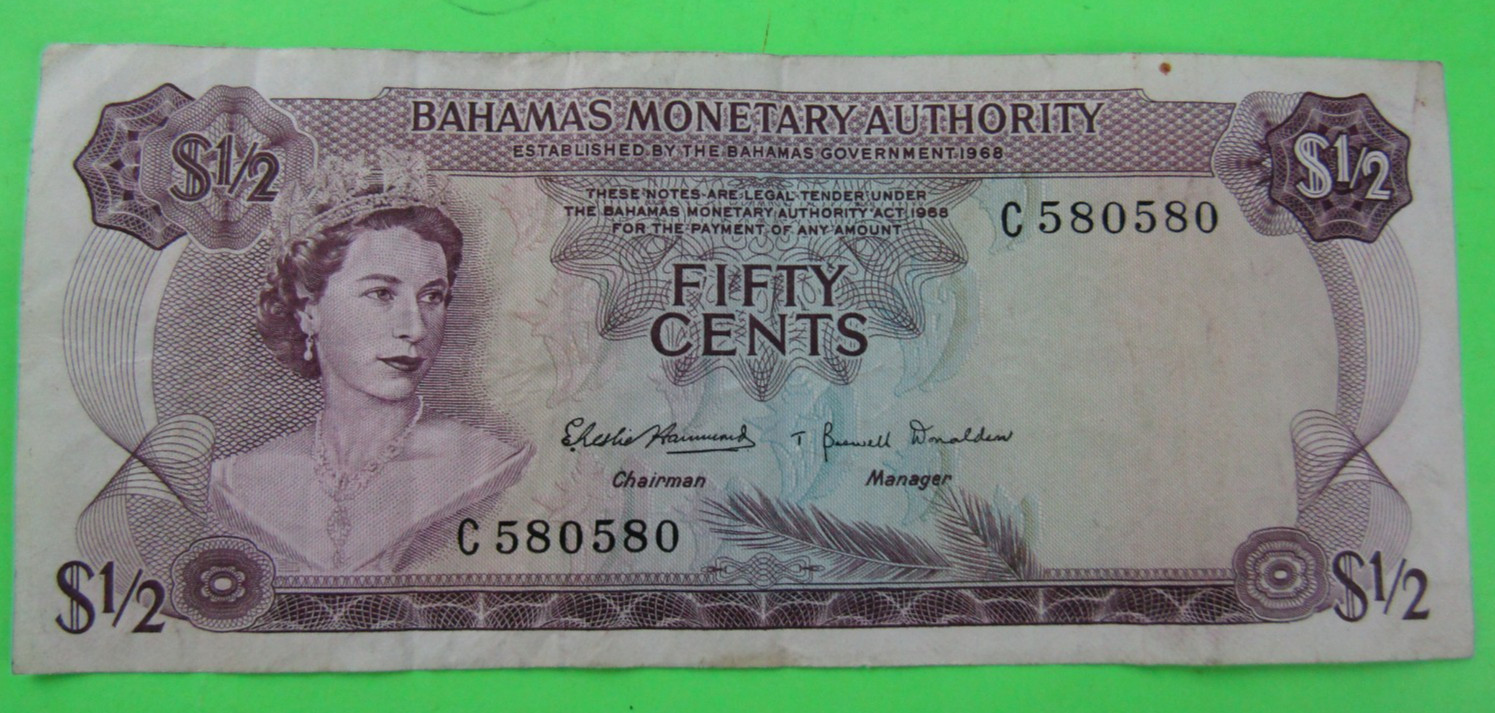 BAHAMAS, $ 1/2 , QEI I,P#26a, L.1968, Serial # C580580