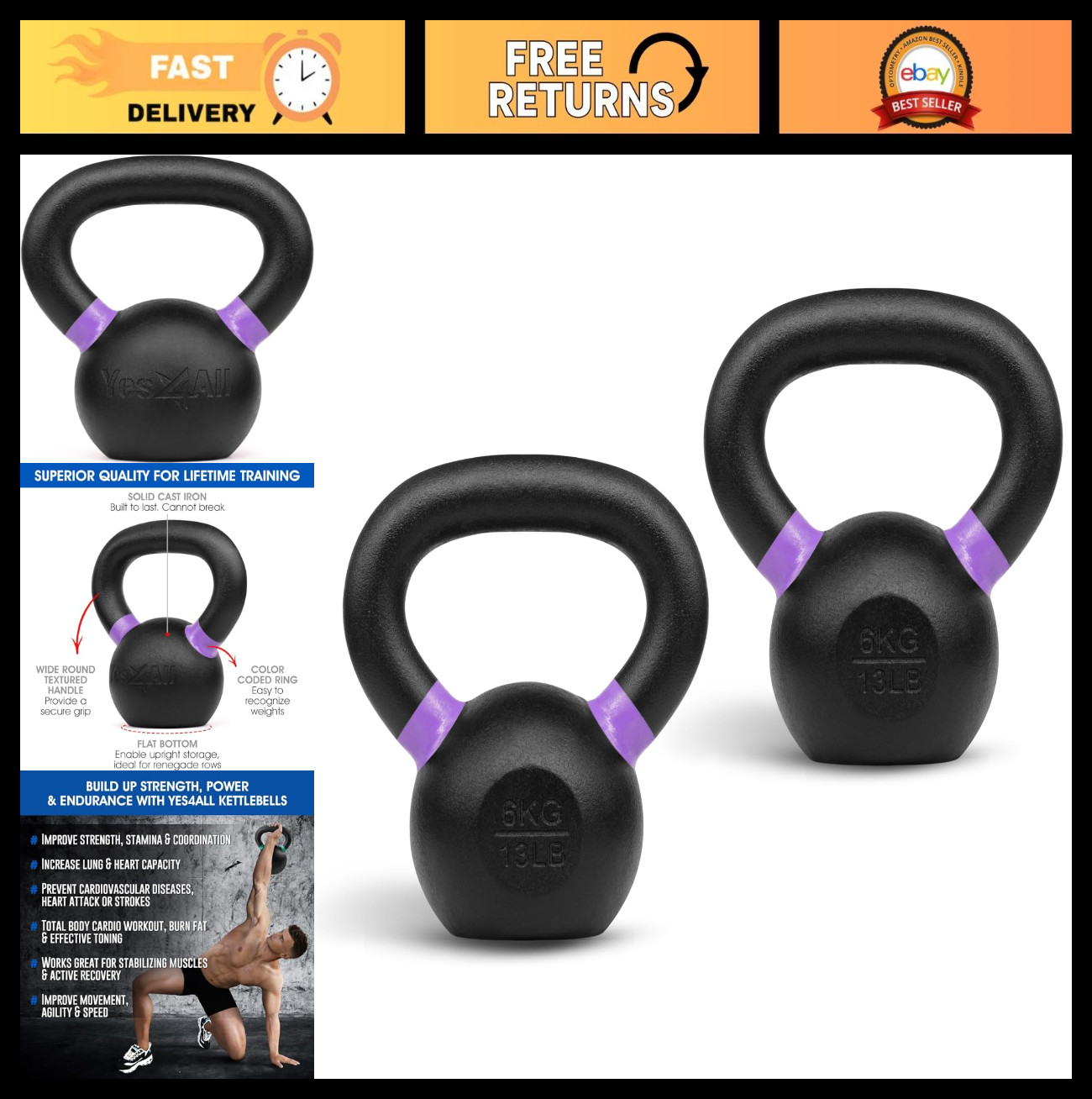 Heavy Duty Powder Coated Kettlebell - Cast Iron, Non-Slip Handle, 9lb to 71lb