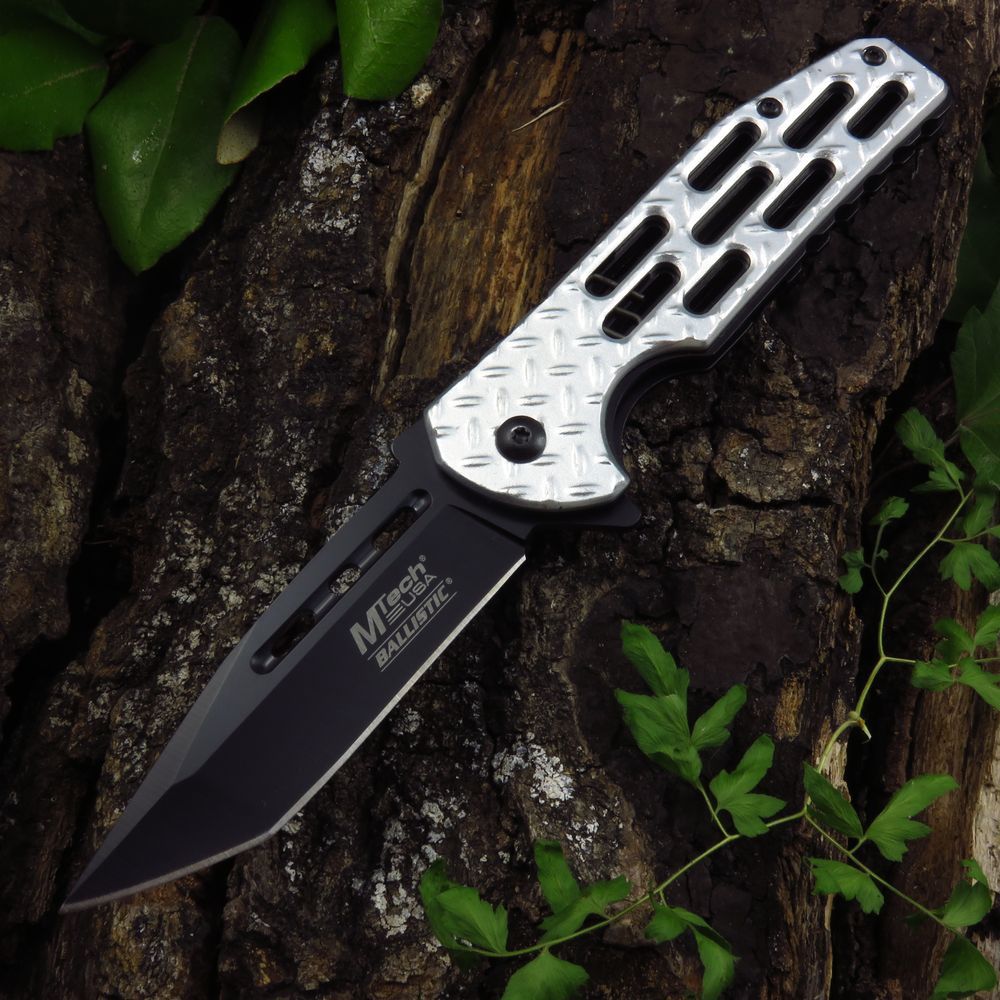 SPRING-ASSIST FOLDING POCKET KNIFE Mtech Silver Diamond Tread Tactical Tanto