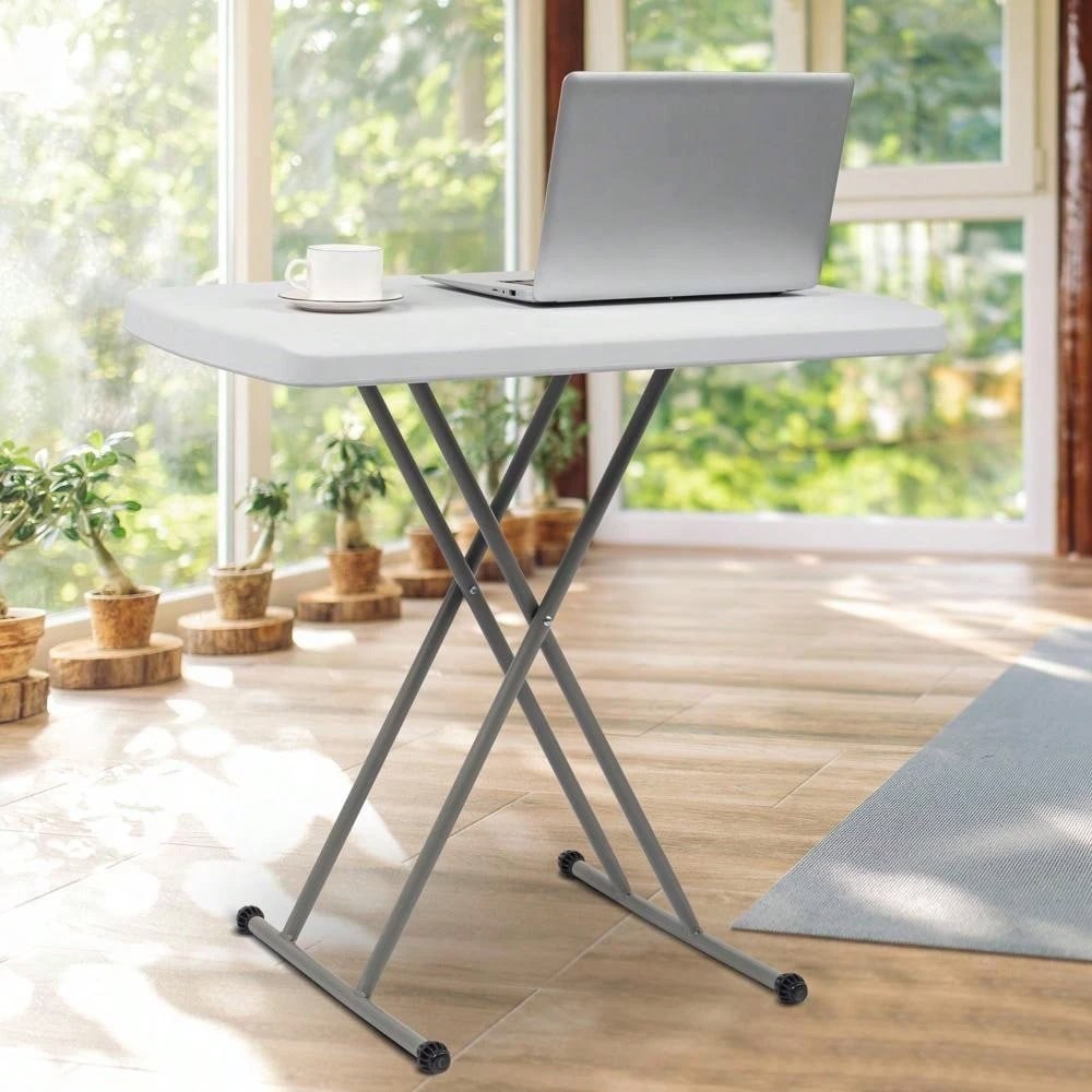 Liftable Garden Table White HDPE Outdoor Patio Side Table Portable