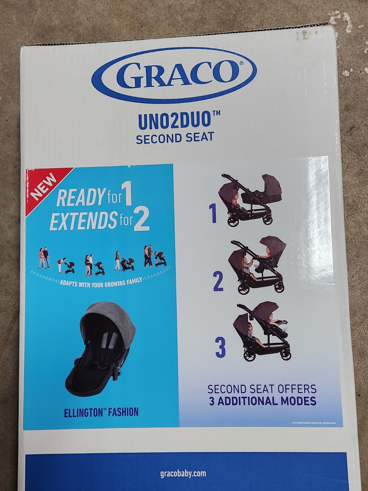 Graco Uno2Duo Stroller Second Seat, Ellington Fashion, Grey New