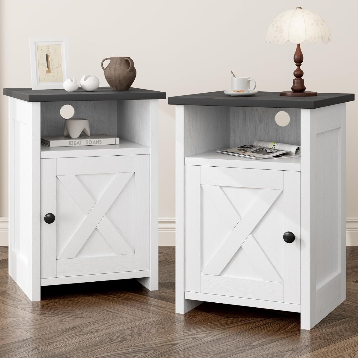 Farmhouse End Table, Nightstands with Barn Door and Stora Shelf, Rustic