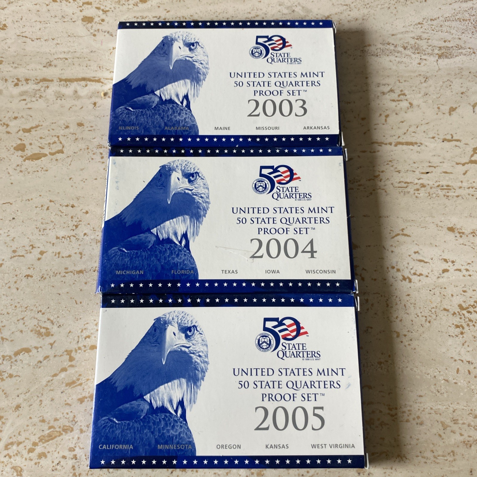 2003, 2004 & 2005 US Mint State Quarter Proof Sets with Box & COA, Uncirculated