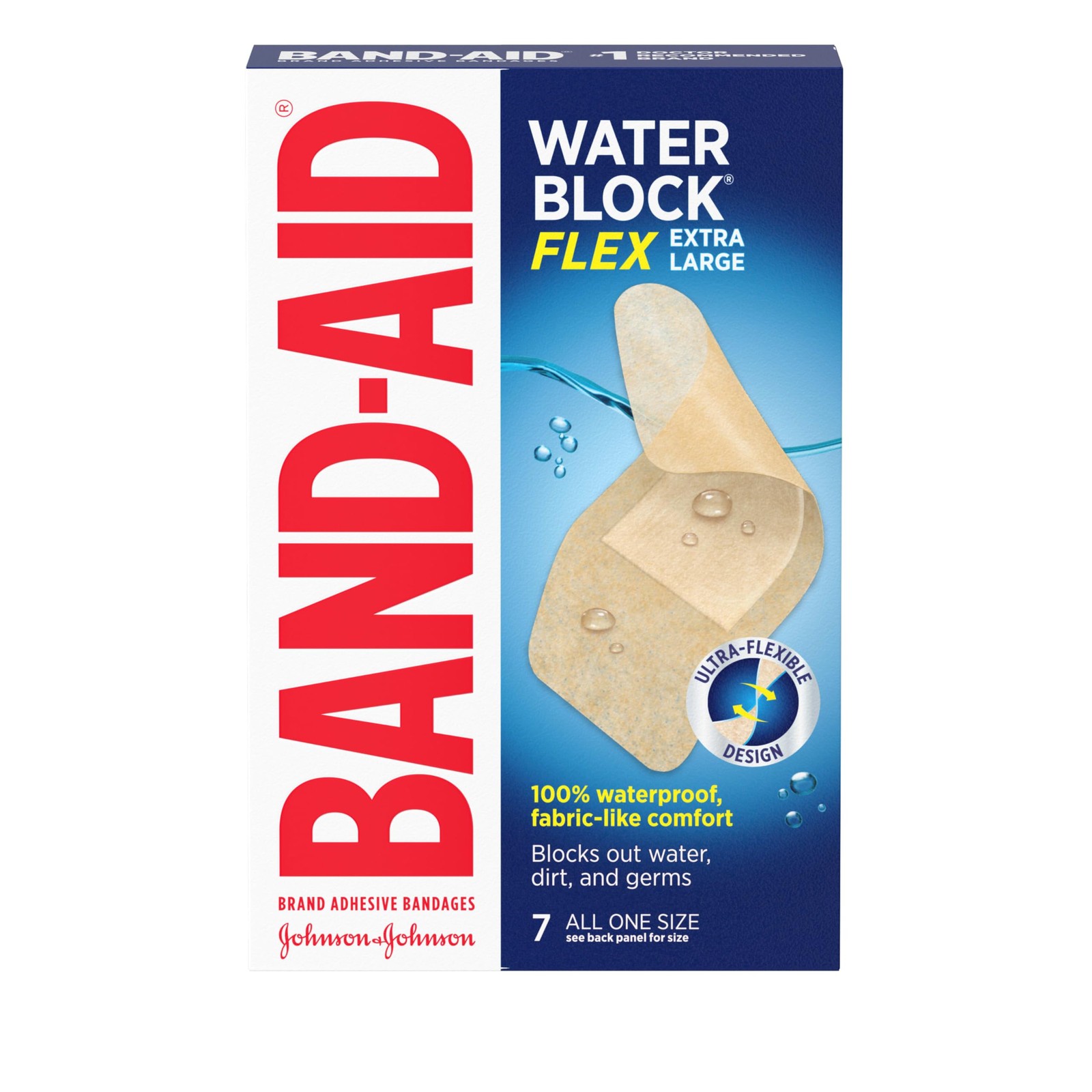100% Waterproof Adhesive Bandages, 7 Ct, Ultra-Flexible, Extra Large