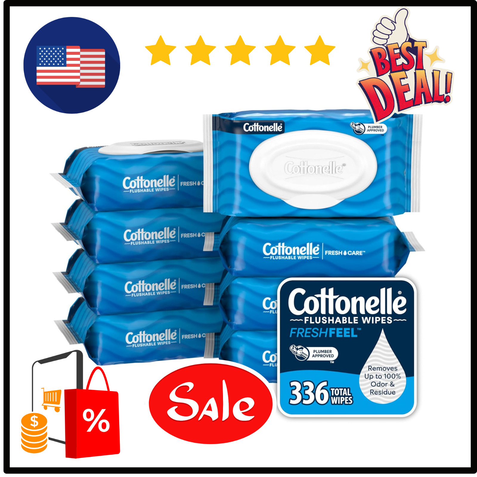 Cottonelle Fresh Feel Flushable Wet Wipes, Adult Wet Wipes, 8 Flip-Top Packs, 42
