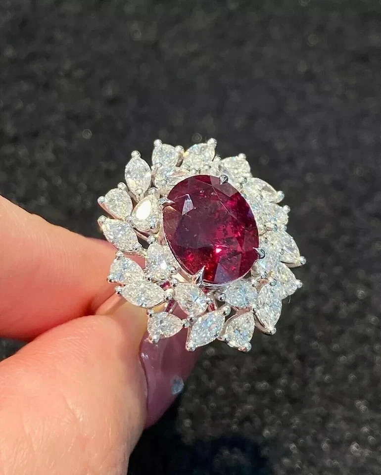 7.32 Ct Oval Cut Certified Natural Ruby & Diamond Engagement Ring 14K White Gold