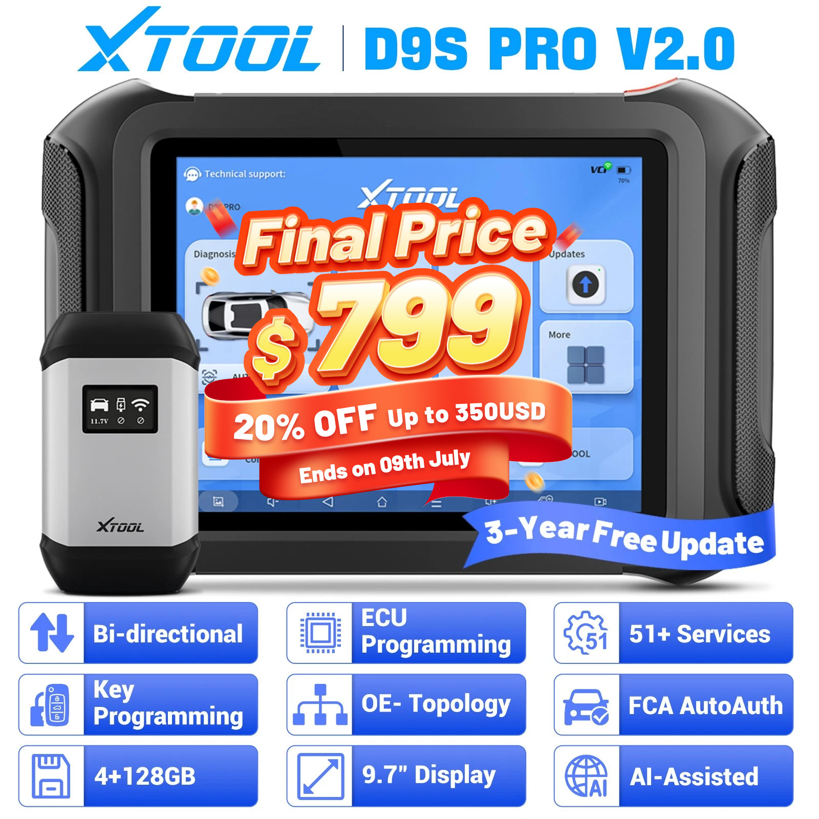 XTOOL D9SPRO ECU Programming Diagnostic Tool Bidirectional OBD2 Scanner 45 Reset