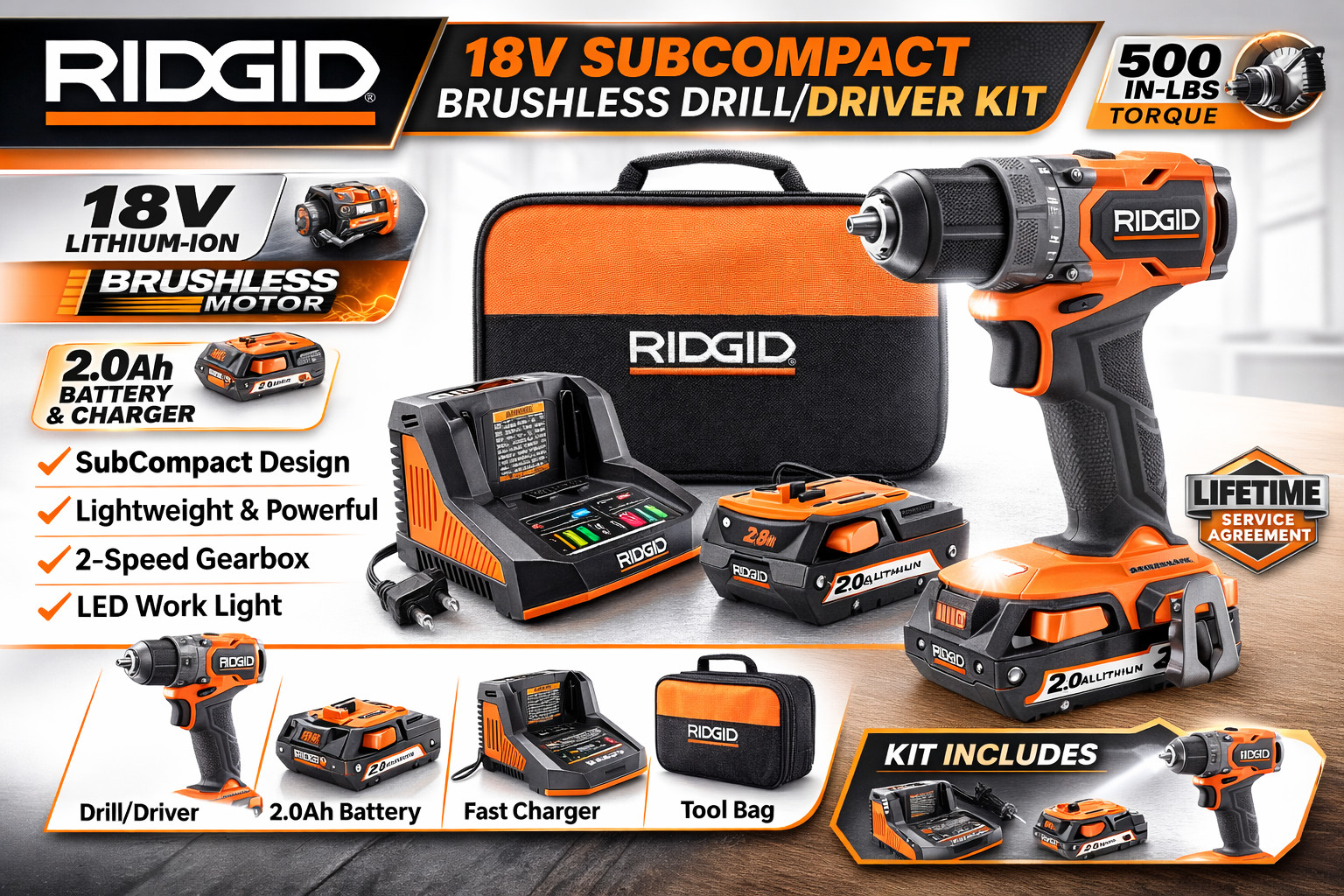 RIDGID 18V SubCompact Brushless 1/2" Drill/Driver Kit w/ 2.0Ah Battery *NEW*