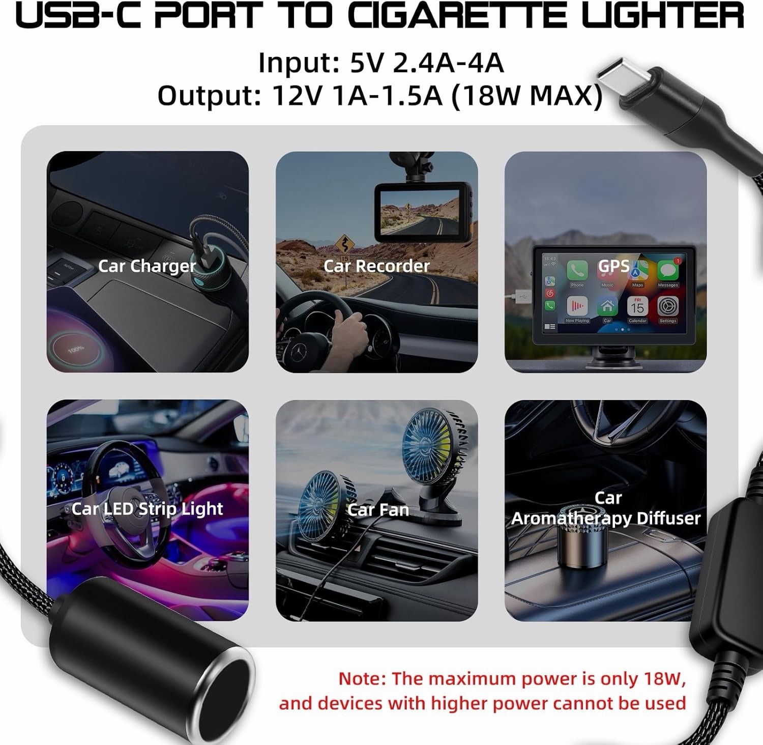 2 Pack 2套USB C Male to 12V Cigarette Lighter Socket Adapter 12V 18W Power Cable