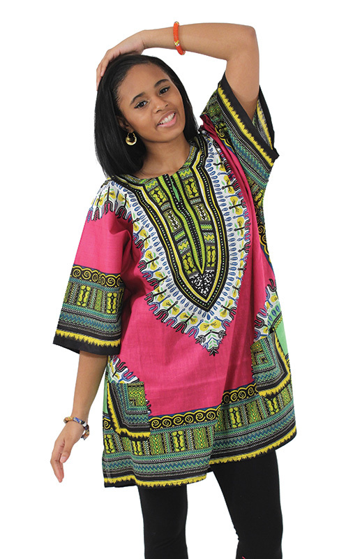 Traditional PinkPrint Dashiki w/color designs & 2 pockets w/Hat. Free Size.